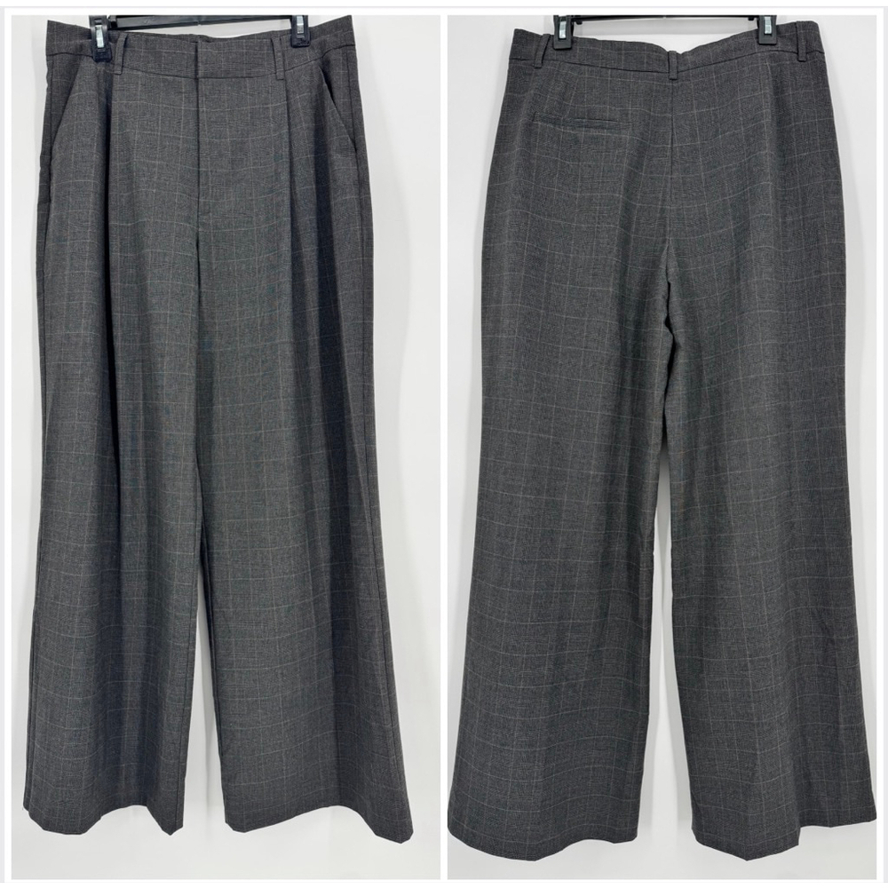Zara Plaid Wide Leg Pleated Front Pants L Charcoal Gray - Picture 2 of 9